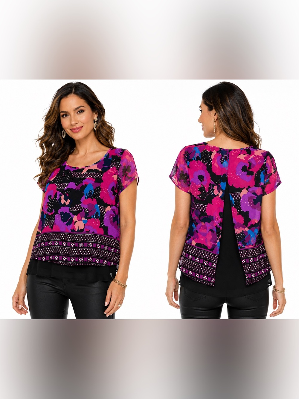 Dana Buchman XL Layered Floral Blouse Pink Purple Black Sheer Overlay Top